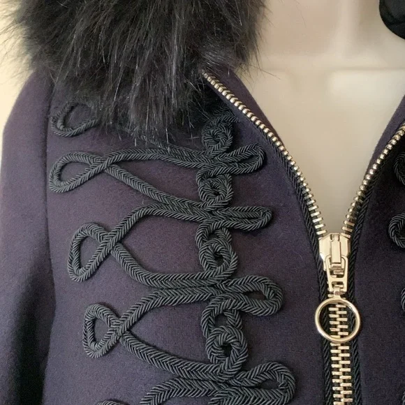 Zara black military style wool jacket with detachable faux fur hood size XS